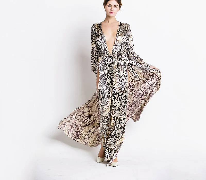 Missord Deep-V Long Sleeve split Leopard printing dress beach dress FT2294-1