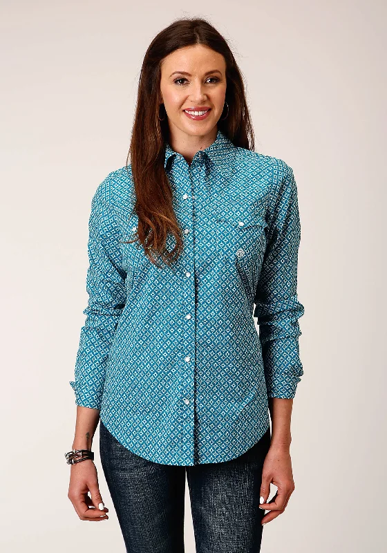 WOMENS LONG SLEEVE SNAP DIAMOND PRINT  TURQUOISE WESTERN SHIRT Elegant Classic Vintage