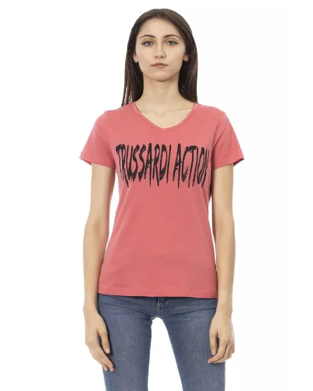 Trussardi Action Womens Coral VNeck TShirt with Logo Print Collared Crew Neck Turtle Neck