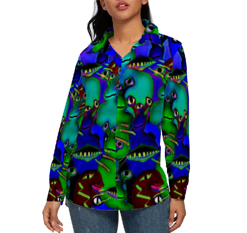 Aliens Collage All Over Print Women's Long Sleeves Shirt Chenille Blend Fleece Blend Nylon Blend