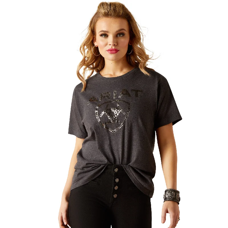 Ariat Ladies Leopard Print Shield Black Heather T-Shirt 10047403 Modern Contemporary Chic