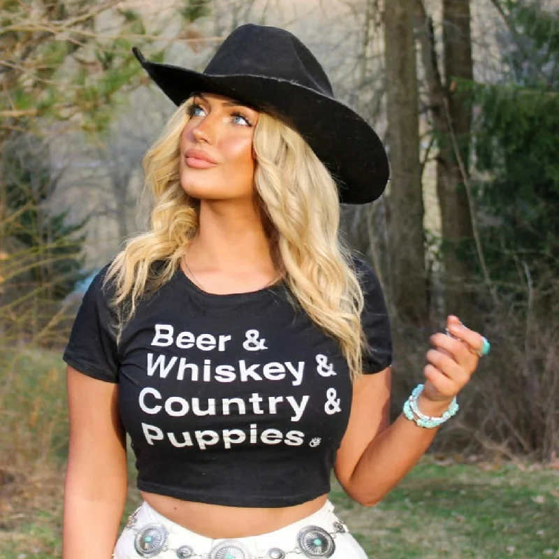 Beer & Whiskey & Country & Puppies Crop Top Tee Mesh Fabric Canvas Fabric Denim Fabric Beer & Whiskey & Country & Puppies Crop Top Tee Mesh Fabric Canvas Fabric Denim Fabric
