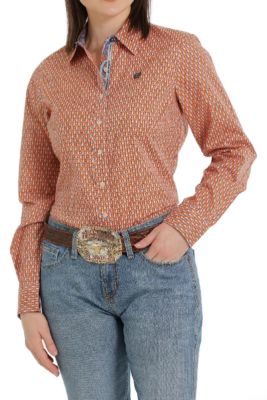 Cinch Ladies Button Down Western L/S Shirt - Orange/Cream - MSW9165028 Beaded Sequined Faux Fur