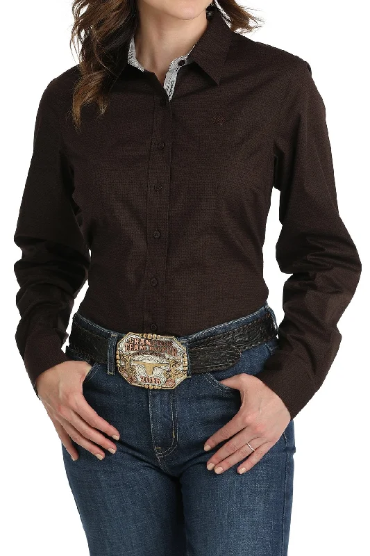 Cinch Ladies Stretch Tonal Print Button Down Western Shirt - Brown - MSW9165056 Solid Color Striped Floral