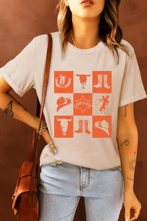 Cowboy Minimalist Ladies T-Shirt Mesh Fabric Canvas Fabric Denim Fabric