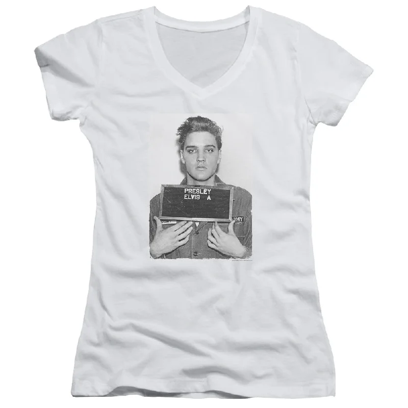 Elvis Presley Army Mug Shot Junior's 30/1 100% Cotton Cap-Sleeve Sheer V-Neck T-Shirt Nylon Fabric Polyester Fabric Spandex Fabric Elvis Presley Army Mug Shot Junior's 30/1 100% Cotton Cap-Sleeve Sheer V-Neck T-Shirt Nylon Fabric Polyester Fabric Spandex Fabric