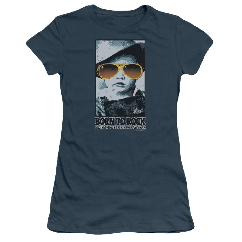 Elvis Presley Born To Rock Junior's 30/1 100% Cotton Cap-Sleeve Sheer T-Shirt Solid Print Embellished Elvis Presley Born To Rock Junior's 30/1 100% Cotton Cap-Sleeve Sheer T-Shirt Solid Print Embellished