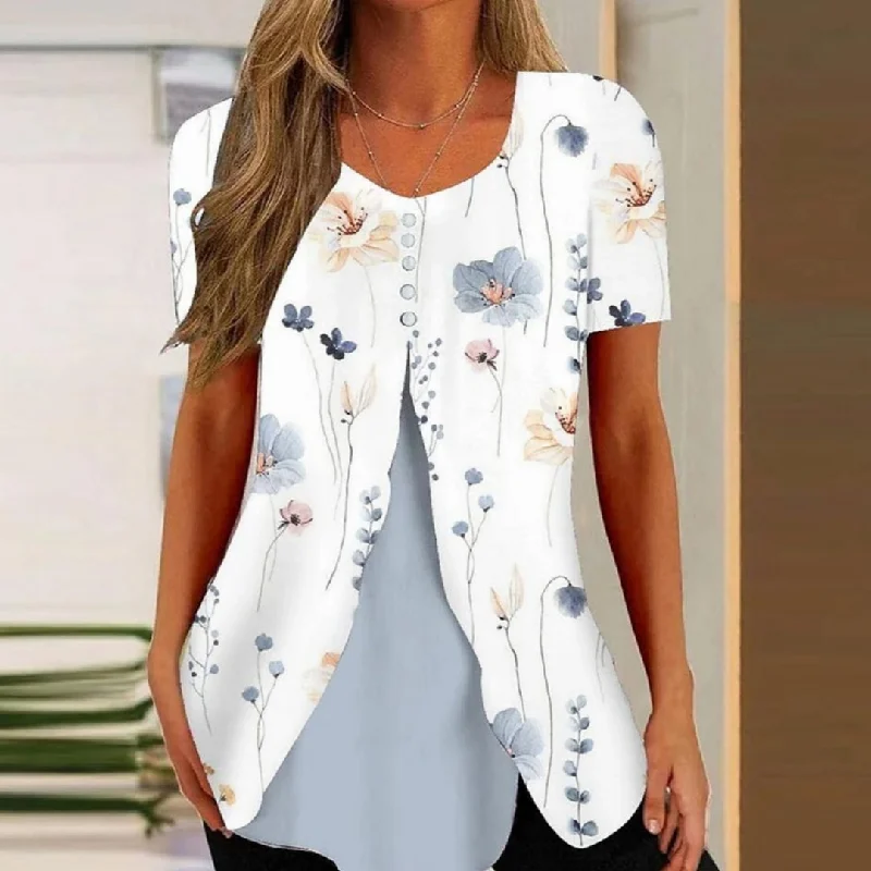 Fashion Printed Casual Short Sleeve Fake Two-piece T-shirts Women Rayon Velvet Corduroy Fashion Printed Casual Short Sleeve Fake Two-piece T-shirts Women Rayon Velvet Corduroy