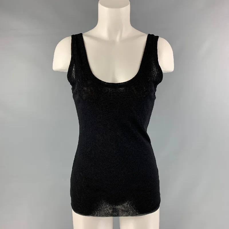 FUZZI Size M Black Nylon Solid Tank T-Shirt Mesh Blend Leather Blend Suede Blend