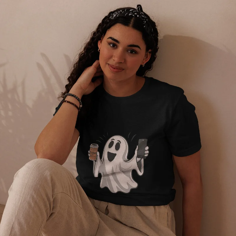 Ghost with Coffee Halloween Graphic Women Staple Eco T-shirt Terry Blend Velvet Blend Canvas Blend