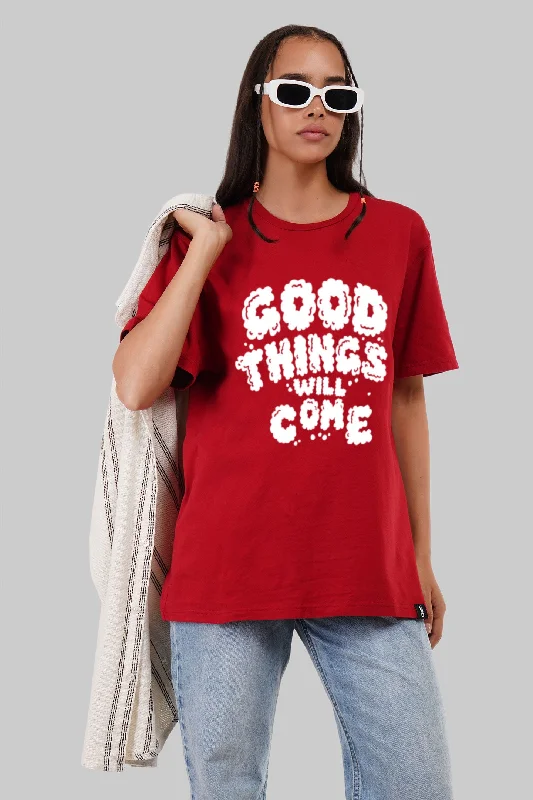 Good Things Graphic Red Boyfriend Fit T-Shirt Women Welt Pockets Slit Pockets Flap Pockets Good Things Graphic Red Boyfriend Fit T-Shirt Women Welt Pockets Slit Pockets Flap Pockets