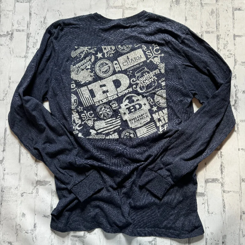 Hammer Down "Collage" Long Sleeve T-shirt - Navy Denim Fabric Leather Fabric Suede Fabric Hammer Down "Collage" Long Sleeve T-shirt - Navy Denim Fabric Leather Fabric Suede Fabric