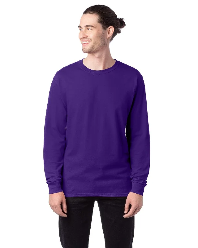 Hanes ComfortSoft Cotton Long Sleeve T-Shirt | Athletic Purple Welt Pockets Slit Pockets Flap Pockets