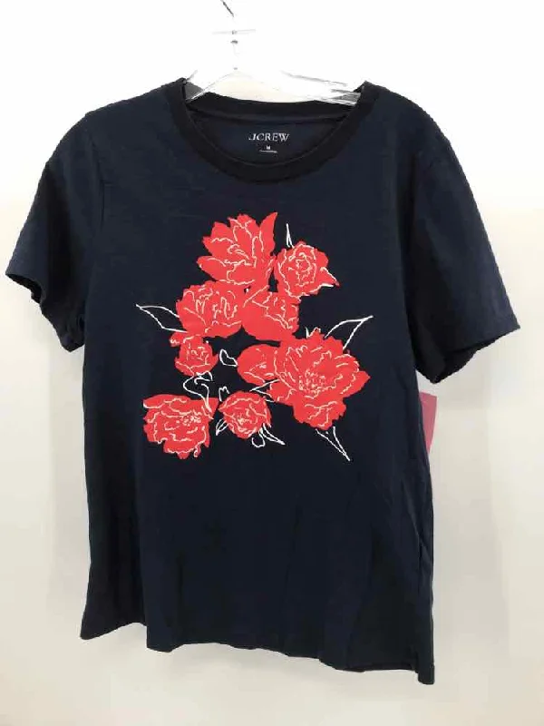 Pre-Owned J Crew Navy Size Medium Floral T-shirt Notch Collar Peter Pan Collar Cowl Neck