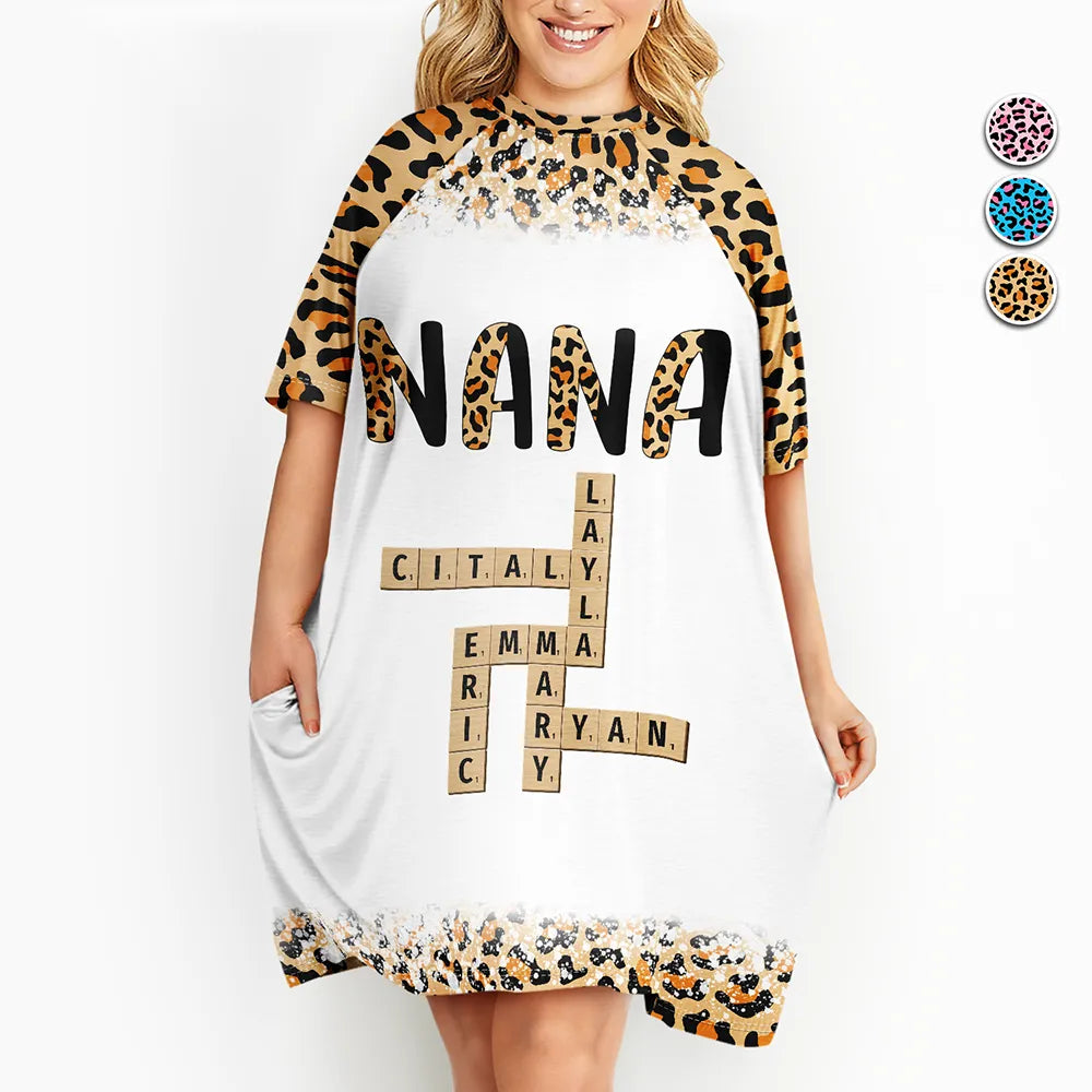 Leopard Nana Title Crossword Scrabble - Personalized Women's Sleep Tee Iron Safe Non-Iron Wrinkle Free