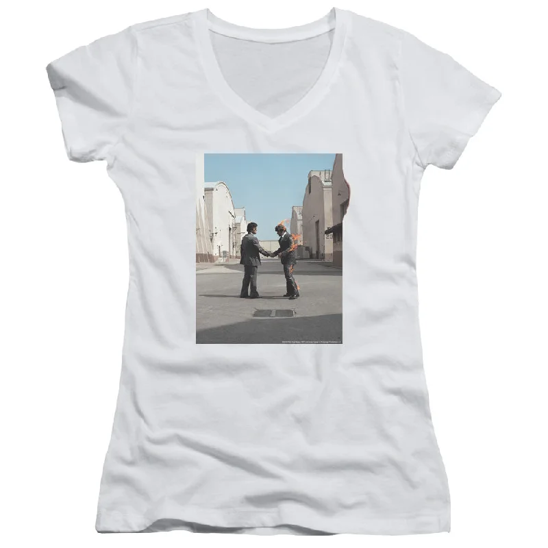 Pink Floyd Wish You Were Here Junior's 30/1 100% Cotton Cap-Sleeve Sheer V-Neck T-Shirt Zippered Front Buttoned Front Snap Front Pink Floyd Wish You Were Here Junior's 30/1 100% Cotton Cap-Sleeve Sheer V-Neck T-Shirt Zippered Front Buttoned Front Snap Front
