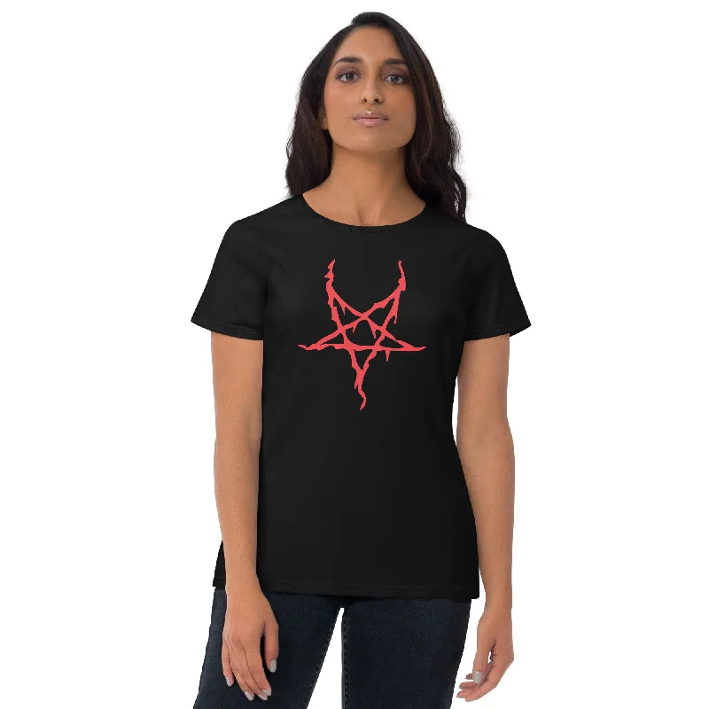 Red Melting Inverted Pentagram Black Metal Women's Short Sleeve Babydoll T-shirt Welt Pockets Slit Pockets Red Melting Inverted Pentagram Black Metal Women's Short Sleeve Babydoll T-shirt Welt Pockets Slit Pockets