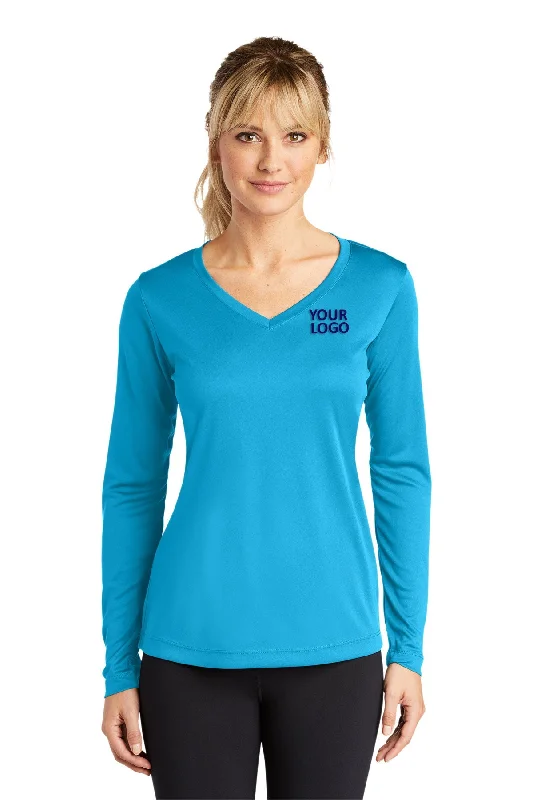 Sport-Tek Ladies Long Sleeve PosiCharge Competitor Custom V-Neck Tee's, Atomic Blue Plaid T-Shirt Polka Dot Checkered