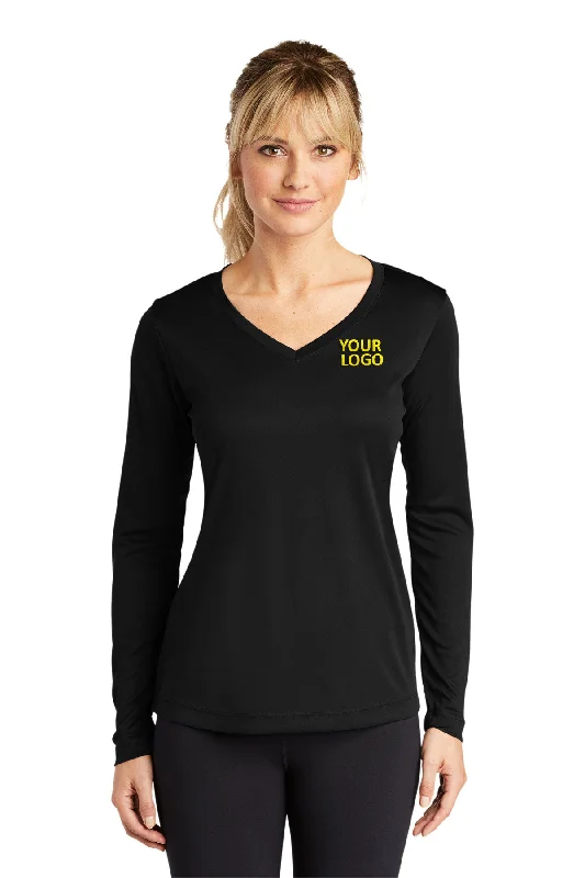 Sport-Tek Ladies Long Sleeve PosiCharge Competitor Custom V-Neck Tee's, Black Striped Floral Plaid