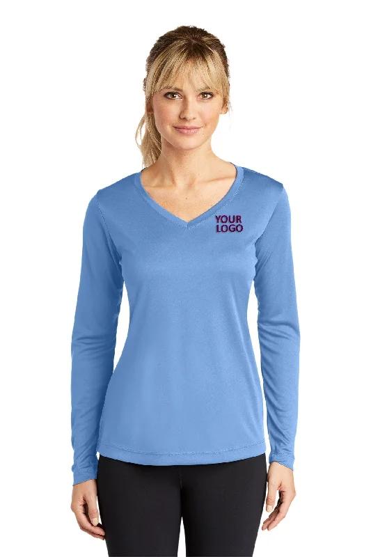 Sport-Tek Ladies Long Sleeve PosiCharge Competitor Custom V-Neck Tee's, Carolina Blue Cotton Fabric Linen Fabric Terry Fabric