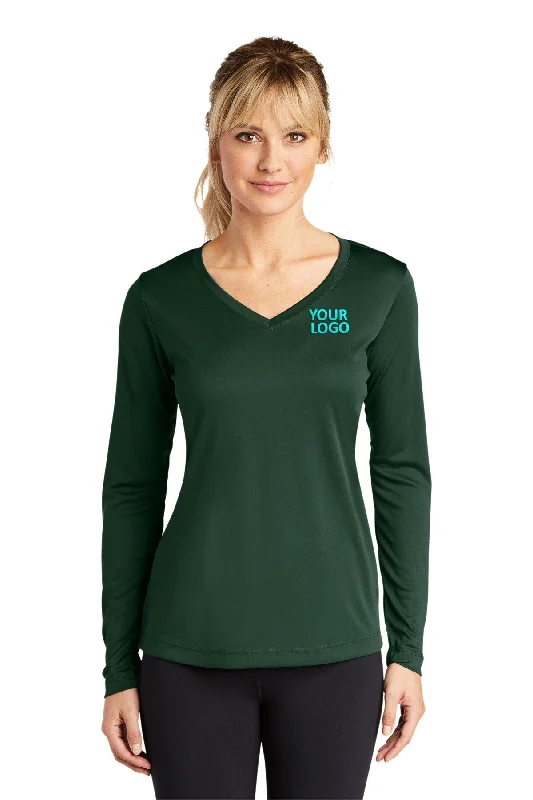 Sport-Tek Ladies Long Sleeve PosiCharge Competitor Custom V-Neck Tee's, Forest Green Handmade Hand-knitted Hand-woven