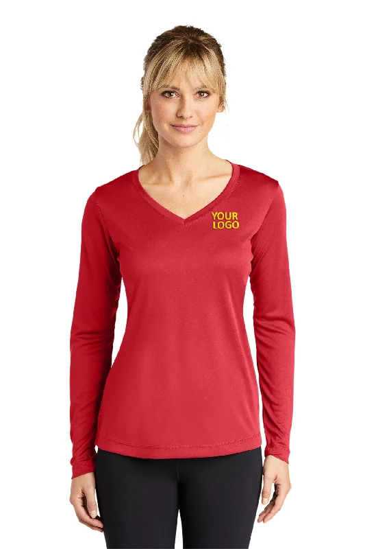 Sport-Tek Ladies Long Sleeve PosiCharge Competitor Branded V-Neck Tee's, True Red Fitted T-Shirt Seamless Stretchy