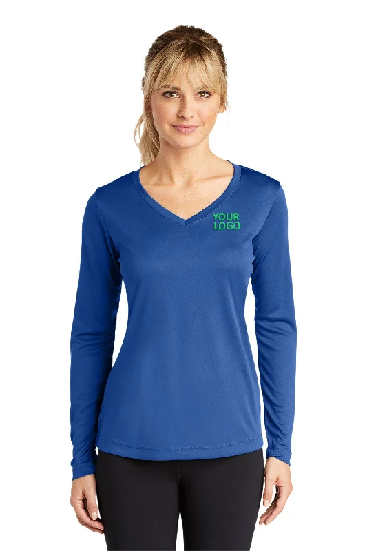 Sport-Tek Ladies Long Sleeve PosiCharge Competitor Branded V-Neck Tee's, True Royal Houndstooth Herringbone Solid