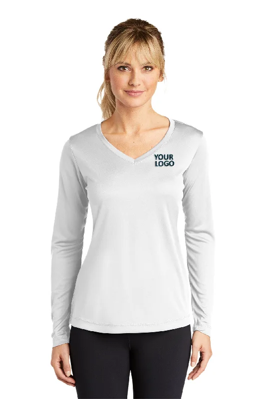 Sport-Tek Ladies Long Sleeve PosiCharge Competitor Branded V-Neck Tee's, White Mesh Fabric Canvas Fabric Denim Fabric