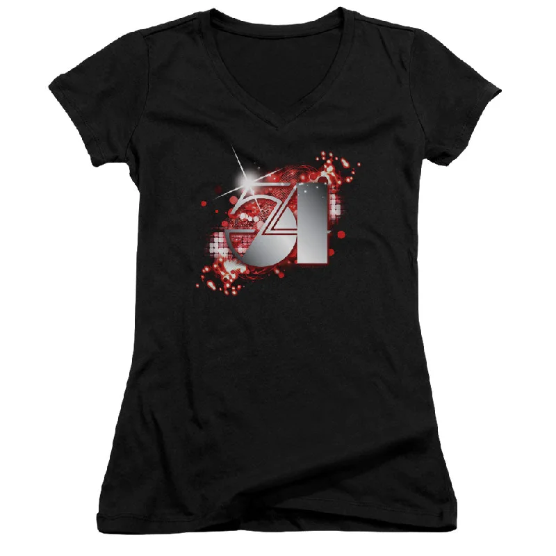 Studio 54 54 Logo Junior's 30/1 100% Cotton Cap-Sleeve Sheer V-Neck T-Shirt Chenille Brocade Lace Studio 54 54 Logo Junior's 30/1 100% Cotton Cap-Sleeve Sheer V-Neck T-Shirt Chenille Brocade Lace