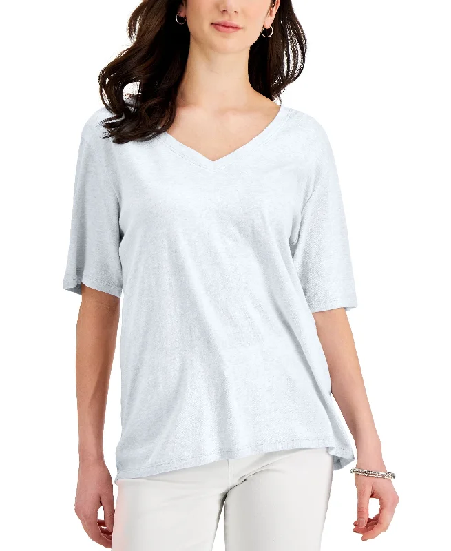 Style & Co Womens Cotton Oversized V Neck T-Shirt Basic T-Shirt Crew Neck Short Sleeve