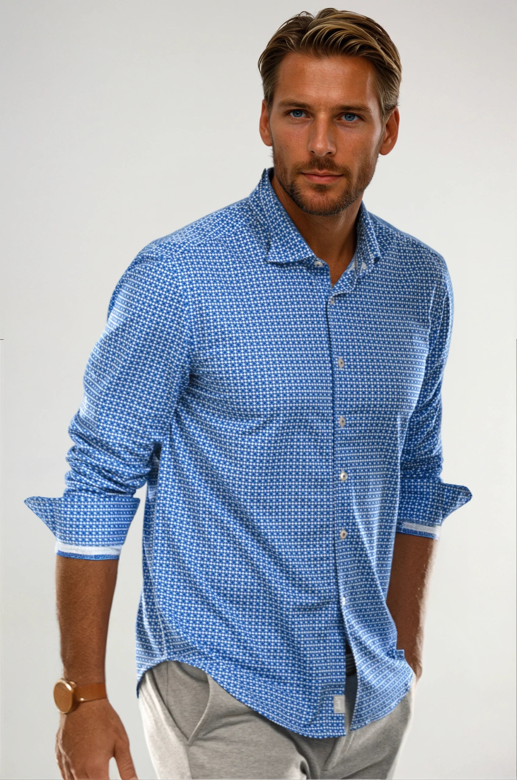 Swiss Check Long Sleeve Tech Shirt - Blue Striped Floral Plaid