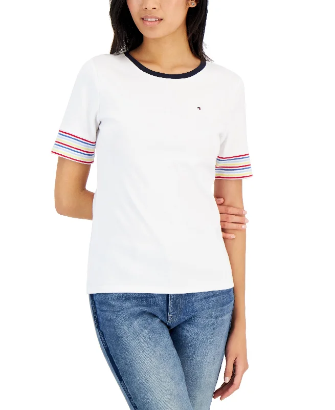 Tommy Hilfiger Womens Cotton Striped Sleeve T-Shirt Rayon Fabric Velvet Fabric Corduroy Fabric Tommy Hilfiger Womens Cotton Striped Sleeve T-Shirt Rayon Fabric Velvet Fabric Corduroy Fabric