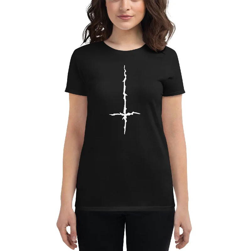 White Melting Inverted Cross Black Metal Women's Short Sleeve Babydoll T-shirt Zippered Front Buttoned Front Snap Front White Melting Inverted Cross Black Metal Women's Short Sleeve Babydoll T-shirt Zippered Front Buttoned Front Snap Front
