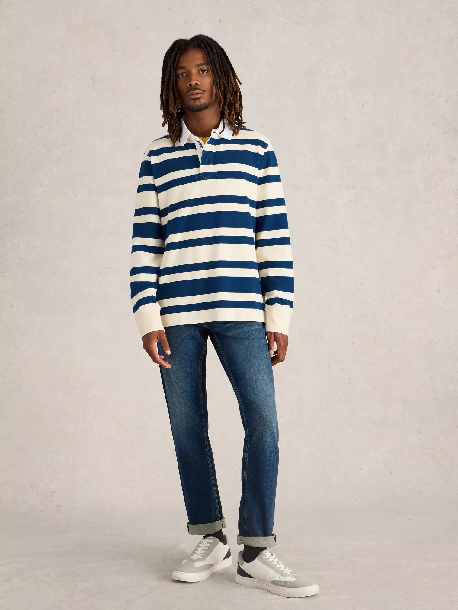 WHITE STUFF - LS STRIPE RUGBY SHIRT Houndstooth Herringbone Solid