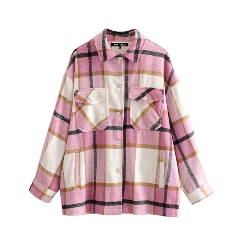 Womens Vintage Retro Loose-fit, Long-Sleeve Plaid Shirt With Pocket Anti-Shrink Durable Soft