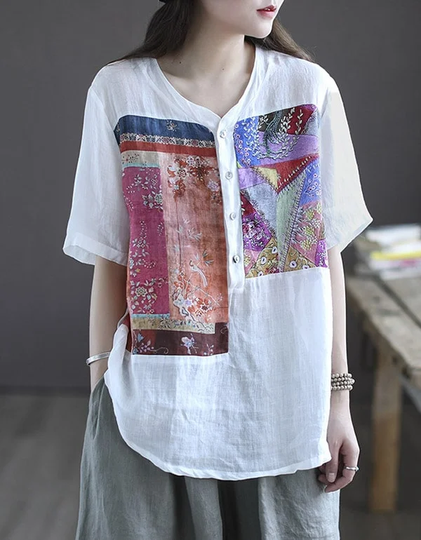 Women's Summer Printed Linen Loose Shirt Elasticated Padded Insulated