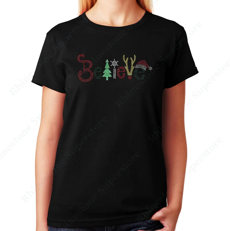 Women's / Unisex T-Shirt with Christmas Believe in Glitters and Rhinestones Chenille Blend Fleece Blend Nylon Blend