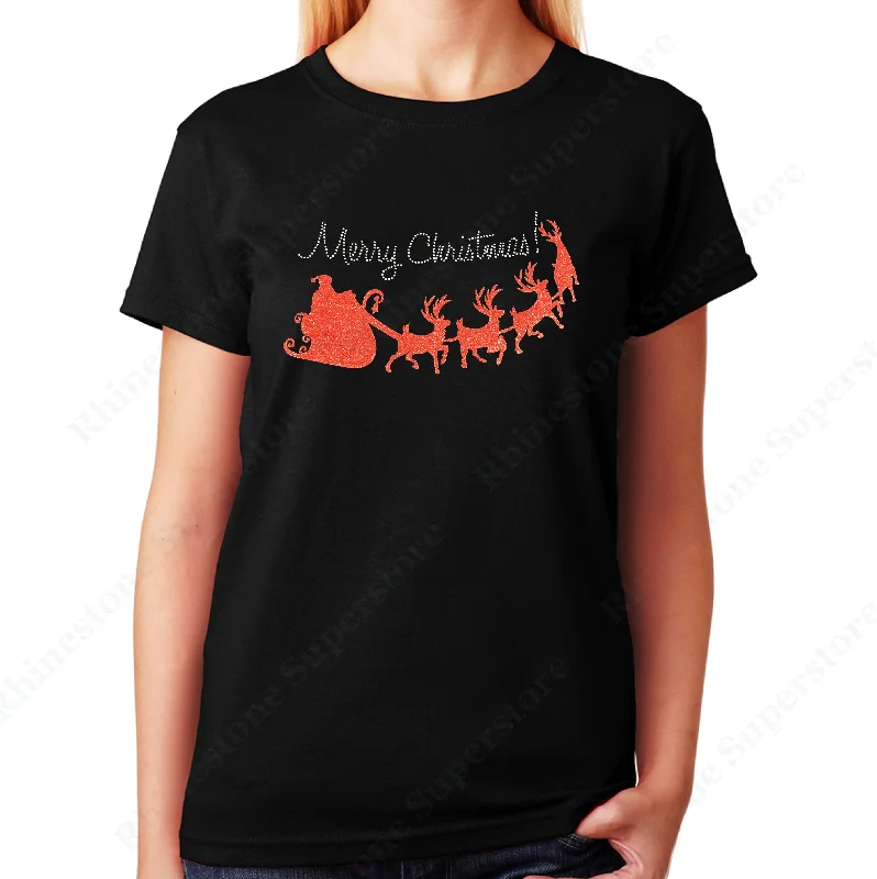 Women's / Unisex T-Shirt with Merry Christmas with Red Santa Sleigh in Glitters and Rhinestones Boxy Fit Fitted Loose