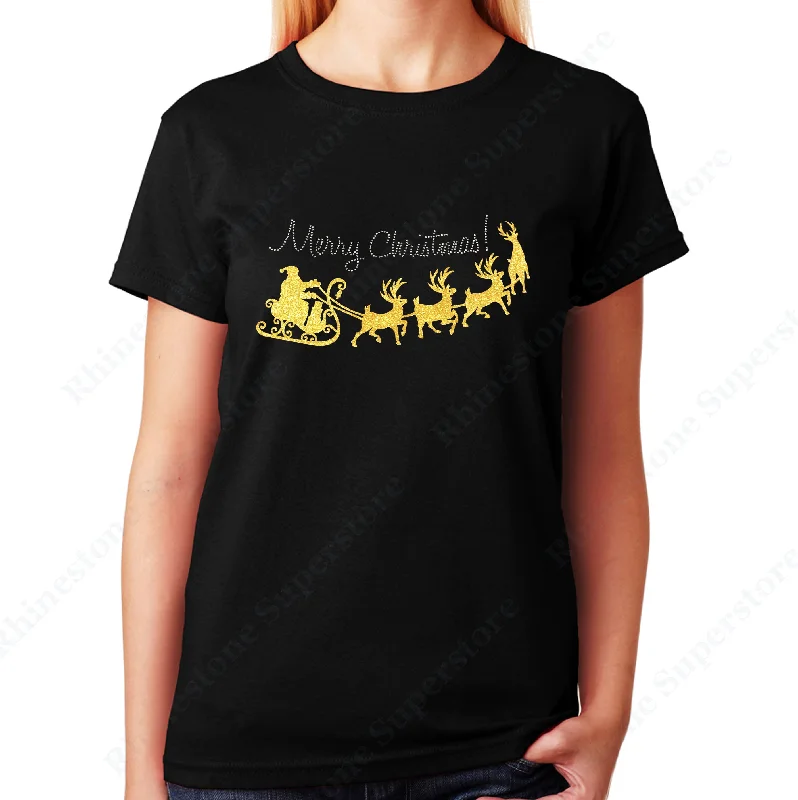 Women's / Unisex T-Shirt with Merry Christmas with Yellow Santa Sleigh in Glitters and Rhinestones Embroidered Appliqued Beaded