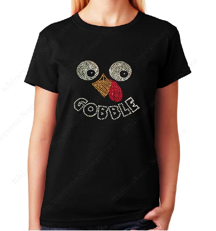 Women's / Unisex T-Shirt with Thanksgiving Turkey Face Gobble in Rhinestones Terry Blend Velvet Blend Canvas Blend Women's / Unisex T-Shirt with Thanksgiving Turkey Face Gobble in Rhinestones Terry Blend Velvet Blend Canvas Blend